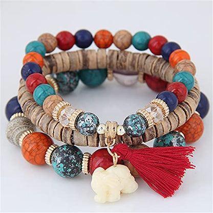 Bohemian Stackable Wood Wooden Beads Elephant Charm Tassel Stretchy Bracelet Set for Women Men Multilayered Multicolor Acrylic Resin Seeds Bracelet Ethnic Jewelry Gift - color: A elephant