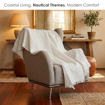 Mira Waffle Throw Blanket with Tassels - 50x66 Inch - 100% Turkish Cotton Tencel Breathable Blend Lightweight Blanket for Couch, Sofa, Bed - color: Cream