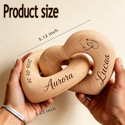 Custom Engraved Interlocking Wooden Hearts with Personalized Names – Romantic Couple Gift for Wedding, Valentine’s Day, 5th Wood Anniversary, Handcrafted Home Decor (Customized)
