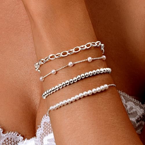 Zeffy Gold Pearl Beaded Bracelet for Women, 14K Gold Plated Jewelry Set With Paperclip Link Chain, Trendy Stack Bracelets - style: 4PCS Silver Pearl Beaded Stackable Bracelets