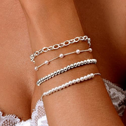 Zeffy Gold Pearl Beaded Bracelet for Women, 14K Gold Plated Jewelry Set With Paperclip Link Chain, Trendy Stack Bracelets - style: 4PCS Silver Pearl Beaded Stackable Bracelets
