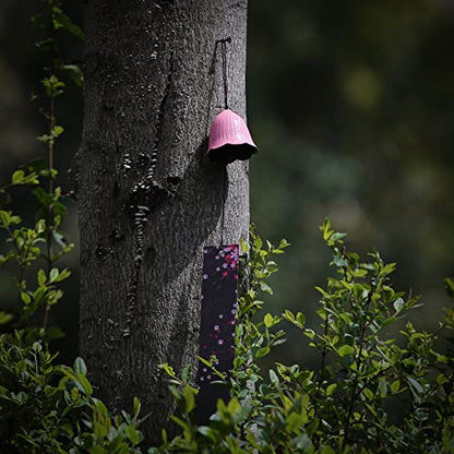 Japanese Wind Chime Cast-Iron Outdoor Ornament for Garden, Patio & Balcony, Hanging Metal Wind-Bell Decoration Gift, Blessing Pendant Windchimes & PVC Wind-Catcher, Pink Flower