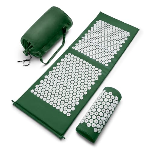 Sivan Health and Fitness Acupressure Mat and Pillow Set - Grounding Mat for Stress, Back & Neck Pain - Acupuncture Point Massage Mat for Muscle Relaxation, Sciatica, & Meditation - Includes Carry Bag - color: Green/White, size: XL