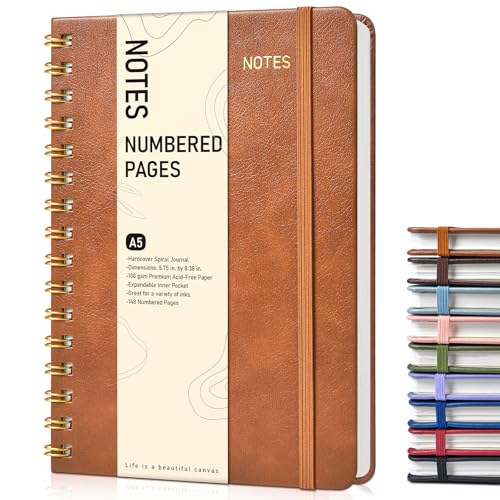 Lined Spiral Journal Notebook, A5 Hardcover Spiral Journals for Women Men, 150 Numbered Pages Spiral Bound Notebook, 100 GSM College Ruled Notebooks for Writing Note Taking 5.75" x 8.38", Brown - color: Brown, size: Line