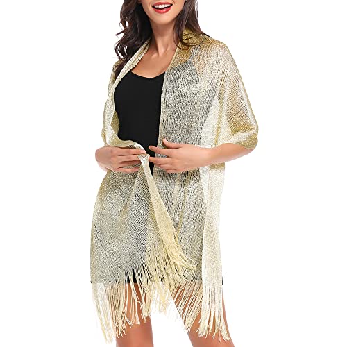 vimate Sparkling Metallic Shawls and Wraps for Evening Party/Wedding/Formal Dresses (With Free Buckle) - color: F#. Champaign Gold (With Champaign Gold Buckle)