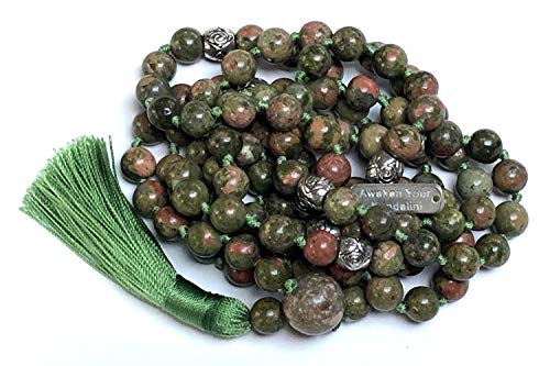 Certified Energized Mala Beads Necklace with COA - Chakra Mala - Japa Mala - 8mm 108 Buddhist Prayer Beads - Meditation Mala - Tassel Necklace – Zodiac/Sun Sign stones (Unakite)