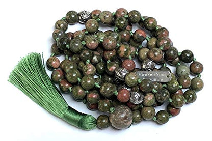Certified Energized Mala Beads Necklace with COA - Chakra Mala - Japa Mala - 8mm 108 Buddhist Prayer Beads - Meditation Mala - Tassel Necklace – Zodiac/Sun Sign stones (Unakite)