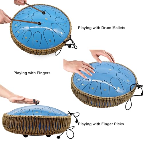 BETESINE 13-Inch 15-Note Steel Tongue Drum in C Major, Beginner-Friendly Meditation Drum with Mallets, Music Book, Finger Picks, Carry Bag & Note Stickers, Ocean Blue - color: Ocean Blue