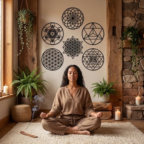 Taiyin 6 Pcs 12 Inch Wooden Sacred Geometry Wall Art Set, Zen Geometric Wall Decor for Home Meditation Room, Inspired Hanging Art with Metatron Cube, Flower of Life, Sri Yantra(Black)