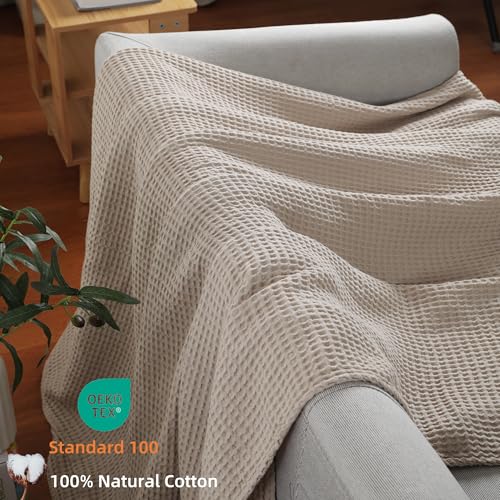 100% Cotton Waffle Blanket (Khaki - Queen Size - 90 * 90''), Pre-Washed and Anti-Shrinkage Soft Lightweight Bed & Couch Blanket, 380 GSM Waffle Weave Throw Blanket for All Seasons - color: Khaki, size: Queen (90"*90")