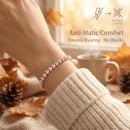 Silver Crystal Tennis Bracelet for Women – Elegant Full Zircon Sparkle, Slim Stackable Design, Secure Clasp, Dainty Luxury Jewelry Gift for Her - color: rose gold