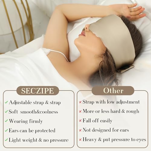 100% Mulberry Silk Sleep Mask for Side Sleeper - Face-Hugging Padded Blackout Eye Cover with Adjustable Band, Large Size Cooling Pressureless Sleeping Mask for Women Men (Taupe)