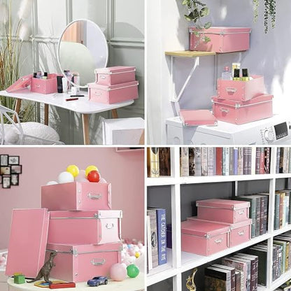 XUCHUN File Storage Boxes, Foldable Storage Bins with Lid 3 in 1 Set, Press-Stud Fastening, Moisture-Proof, Space Saving Storage, Photoes, Files, Closets - color: Pink