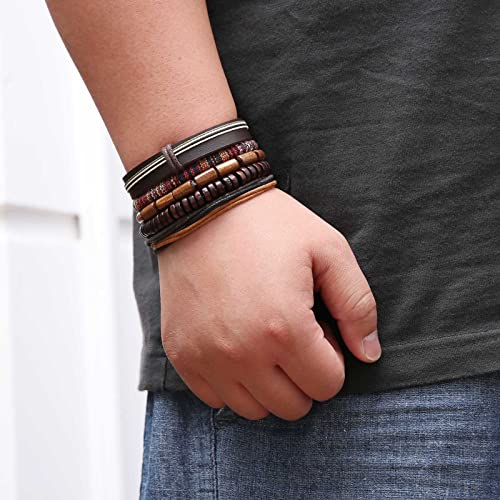 HZMAN Wrap Bracelets Men Women, Hemp Cords Wood Beads Ethnic Tribal Bracelets, Leather Wristbands - style: 2Pcs Leather Bracelets