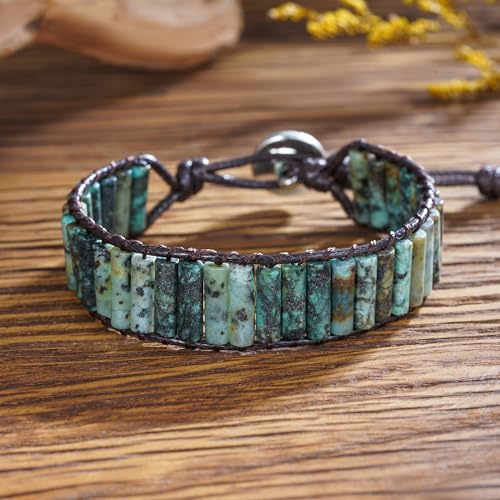 Women Boho Handmade Natural Stone Crystal Leather Bead Wrap Bracelets Collection - style: African Turquoise 1W