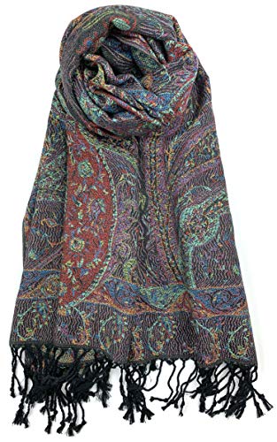 Plum Feathers Tapestry Ethnic Paisley Pattern Pashmina Shawl Scarf, Womens Pashmina Shawl Wrap with Fringes - color: Black Multi Tapestry
