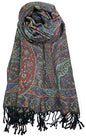 Plum Feathers Tapestry Ethnic Paisley Pattern Pashmina Shawl Scarf, Womens Pashmina Shawl Wrap with Fringes - color: Black Multi Tapestry
