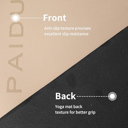 PAIDU Yoga Mat Non Slip Anti-tear,extra thick-2/5 inch（10MM）High Resiliency Professional POE Yoga Mats for Women Men Kids,72"x24"inch,Workout, Yoga, Pilates and Floor Exercise, with Carrier Strap - color: Beige+Black.