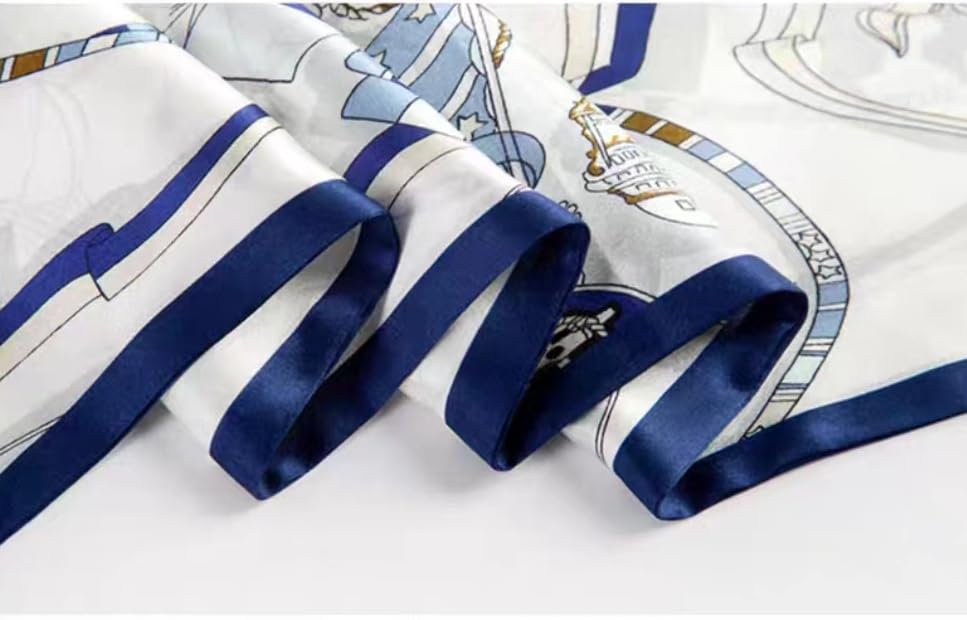100% Silk Scarf for Women 59”*6.3” Long Shawls for Headscarf and Neck- Oblong Hair Wraps with Gift Packed - color: White&blue -Nautical