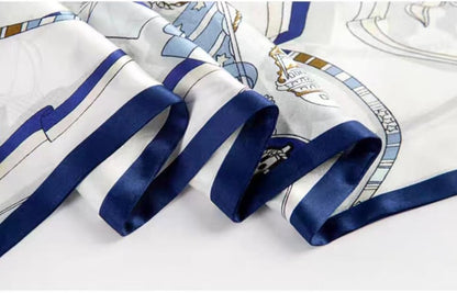 100% Silk Scarf for Women 59”*6.3” Long Shawls for Headscarf and Neck- Oblong Hair Wraps with Gift Packed - color: White&blue -Nautical