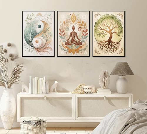 3 Pcs Tree of Life Canvas Wall Art Lotus Zen Painting Pictures Wall Decor Yin Yang Taichi Spiritual Prints Posters for Living Room Yoga Room Hotel Bedroom Home Decor 16x24in Unframed - size: 24L"×16W" poster