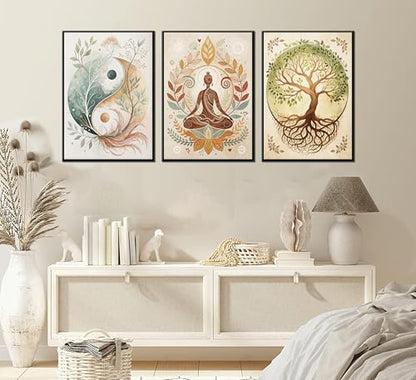 3 Pcs Tree of Life Canvas Wall Art Lotus Zen Painting Pictures Wall Decor Yin Yang Taichi Spiritual Prints Posters for Living Room Yoga Room Hotel Bedroom Home Decor 16x24in Unframed - size: 24L"×16W" poster