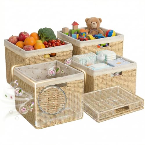 4PC Foldable 13 x 13 Storage Baskets, Handwoven Paper Rope with Reinforced Structure, Removable Liner, No Sharp Edges, Odor-Free, for Nursery, Living Room, Closet, Bedroom, Shelves