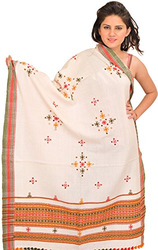 Exotic India Shawl from Kutch with Embroidered Bootis and Mirrors - Wool - color: Cream Pink