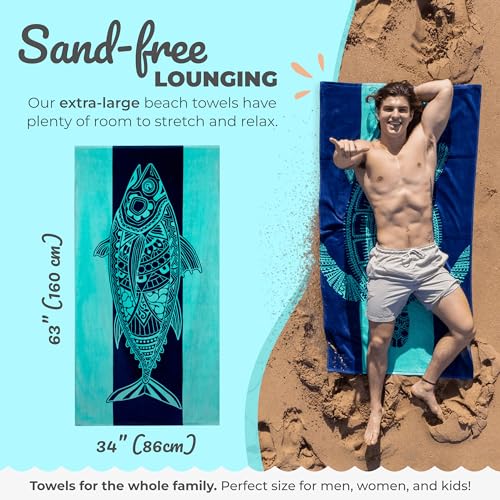 Nova Blue Tuna Fish Beach Towel (34 X 63) – Blue Striped Cotton Beach Towels Made from 100% Cotton – Quick Drying Pool Towel with Tropical Design – Beach Towel Large Oversized - color: Tuna