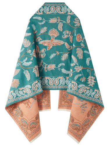 Women's Reversible Pashmina Shawl Wrap for Women Big Scarf Holiday Gifts - color: Teal Green-orange
