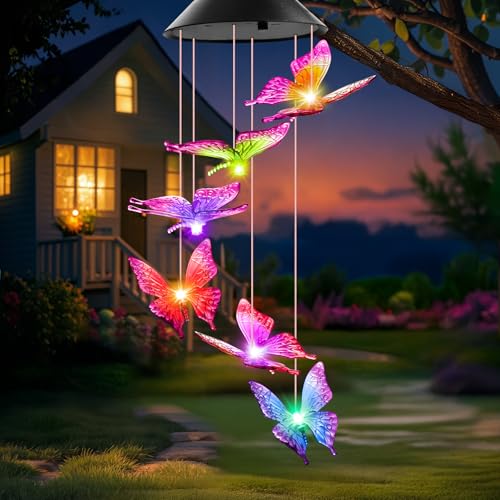 Birthday Gifts for Women, Gardening Gifts for Mom Grandma Nana Wife Sister, Winzwon Solar Lights Outdoor Wind Chimes for Outside Garden Yard Patio Porch Decor Butterfly Decorations