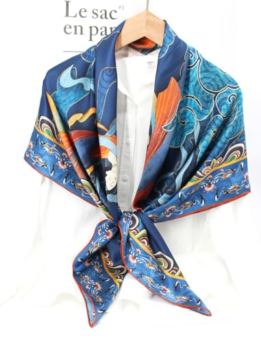 ANDANTINO 100% Silk Scarf 43" Large Square Lightweight Headscarf& Shawl–Women Hair Wraps-With Gift Packed - color: Brown&blue