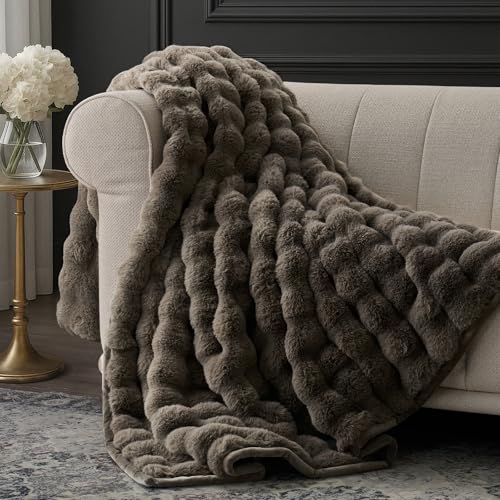 EverGrace Ultra Soft Luxury Fluffy Faux Rabbit Fur Throw Blanket, Thick Warm Bubble Throw for Bed, Cozy Plush Reversible Blankets for Couch, Chair, Sofa, Dark Taupe, 50x60 Inches - color: Solid Dark Taupe, size: 50"x60"