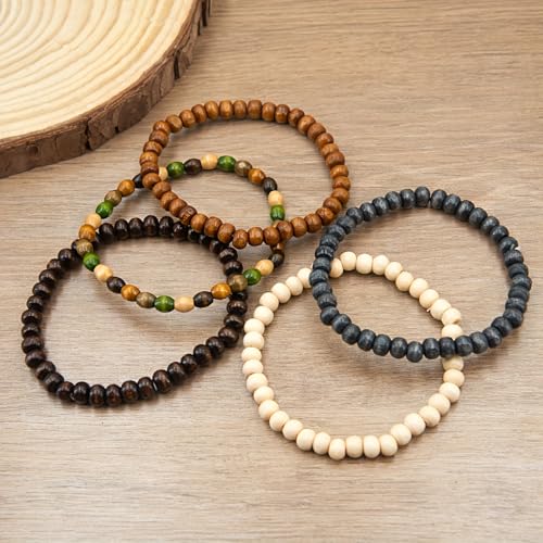 5-Piece,Bohemia Wooden Bead Bangle Bracelet Set for Women Men Round Beaded Stretch Bracelets Unisex Yoga Cuff Bracelet Jewelry Set
