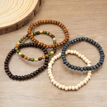 5-Piece,Bohemia Wooden Bead Bangle Bracelet Set for Women Men Round Beaded Stretch Bracelets Unisex Yoga Cuff Bracelet Jewelry Set