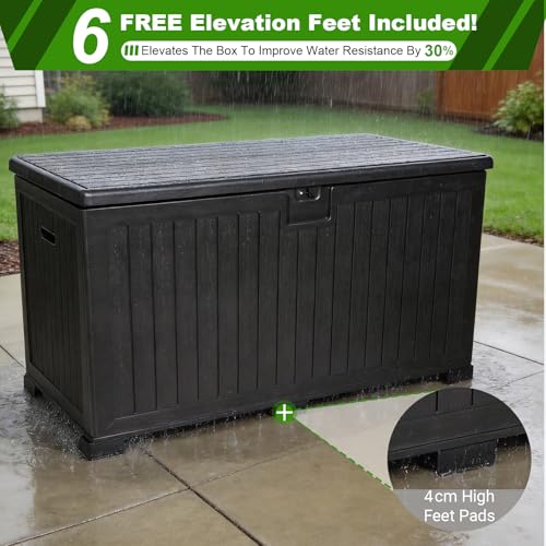 320 Gallon Deck Box with 6 Waterproof Foot Pads, Resin Storage Box Weatherproof, Plastic Cushion Container with Lock and Lids for Pool Equipment, Black - color: Black(320 Gal)