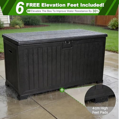 320 Gallon Deck Box with 6 Waterproof Foot Pads, Resin Storage Box Weatherproof, Plastic Cushion Container with Lock and Lids for Pool Equipment, Black - color: Black(320 Gal)