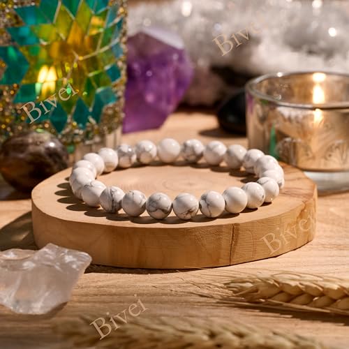 Bivei 8mm Beaded Bracelets for Women Handmade Semi Precious Natural Stone Stretch Elastic Jewelry Yoga Protection Gifts - color: Howlite - Calm & Clarity, size: Medium 6.8-7.3 inch