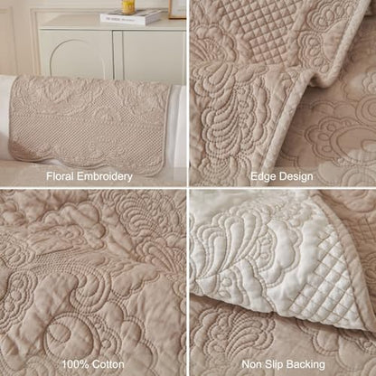vctops Boho Cotton Quilted Couch Cover Soft Embroidered Sofa Cover Non-Slip Dog Bed Cover Scalloped Sofa Slipcover Washable Furniture Protector Cover (Khaki,28"x82") - color: Khaki, size: 1pc/28"x82"/Rectangular