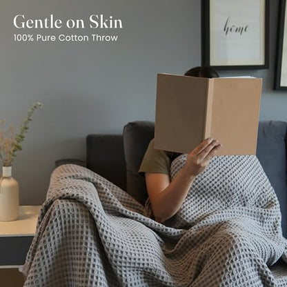 The Fine Living Co. 100% Cotton Waffle Throw Blanket - Lightweight, Soft and Breathable Throw Blanket for All Season- Skin-Friendly Blanket for Couch, Bed, Sofa- 50”x60” inches, Mineral Gray