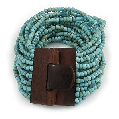 Avalaya Dusty Light Blue Glass Bead Multistrand Flex Bracelet With Wooden Closure - 19cm L