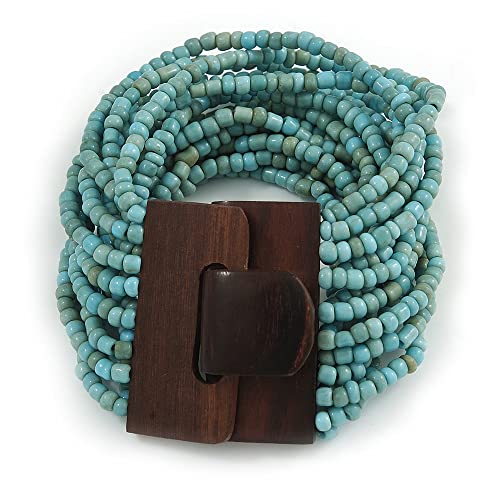 Avalaya Dusty Light Blue Glass Bead Multistrand Flex Bracelet With Wooden Closure - 19cm L