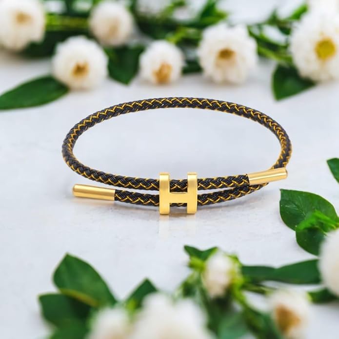 OSIRIDEH2 Bracelet with Adjustable Design Polished H Shape Buckle, Bracelets for Women, 18k Gold-plated Buckle Design Titanium Steel Wire Rope Women's Gift Jewelry - color: Black and gold