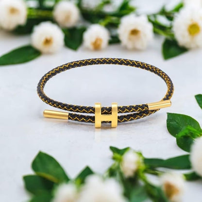 OSIRIDEH2 Bracelet with Adjustable Design Polished H Shape Buckle, Bracelets for Women, 18k Gold-plated Buckle Design Titanium Steel Wire Rope Women's Gift Jewelry - color: Black and gold