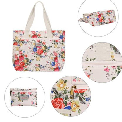 GAENMESN Women's Lightweight Waterproof Tote Bag Durable Designer Handbag with Zipper Travel Commute Everyday Use - color: Beige Flower