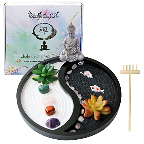 BangBangDa Buddha Meditation Zen Garden Kit - Home Office Tabletop Taiji Yin Yang Sand Garden Altar Zen Decor Zen Gifts DIY Mini Chakra Crystal Quartz Rock Garden w/Nature Healing Stone Rake Tool