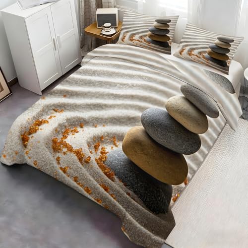 Zen-Inspired Stones Duvet Cover Set King Size,Beach Bedding Set Zen Comforter Cover 3Pcs,Kids Teens Couple Adults Room Decor, Bedspreads Cover,2 Pillowcases(NO Comforter)