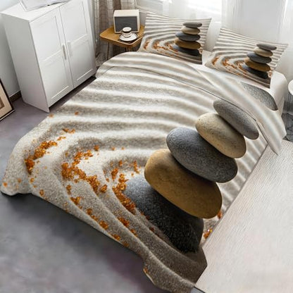 Zen-Inspired Stones Duvet Cover Set King Size,Beach Bedding Set Zen Comforter Cover 3Pcs,Kids Teens Couple Adults Room Decor, Bedspreads Cover,2 Pillowcases(NO Comforter)