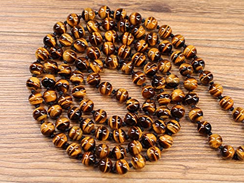 COAI OM Charm Hand Knotted Tassel 108 Mala Beads Necklace - color: Tiger eye, size: 6mm