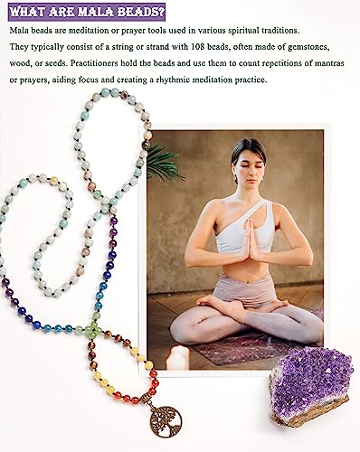 Bivei 7 Chakra 108 Mala Beads Bracelet Real Gemstone Yoga Meditation Hand Knotted Mala Prayer Bead Necklace - size: 6mm, style: Life Tree - Amazonite